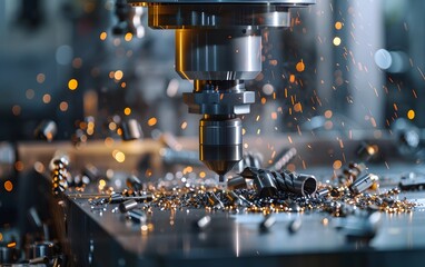 Poster - Close-up of a machining process with sparks flying, showcasing precision engineering and metallic components in action.