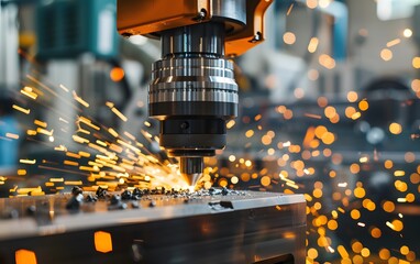 Poster - Close-up of a drill machine creating sparks in a factory setting, showcasing precision and engineering in action.