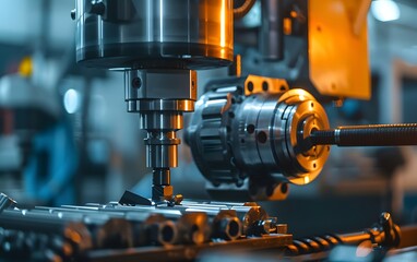 Poster - Close-up of a modern machine part in a workshop, showcasing precision engineering and advanced technology in manufacturing.