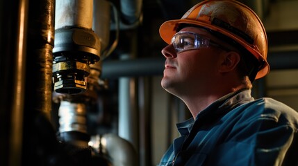 Canvas Print - A worker inspects machinery in a dimly lit industrial setting.