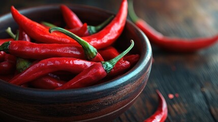 A bowl filled with vibrant red chili peppers on a rustic wooden surface.