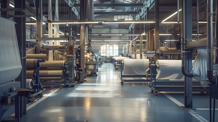 Poster - A spacious textile manufacturing facility with rows of machines, showcasing industrial design and workflow in action.