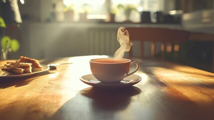 Poster - A steaming cup of tea on a wooden table with a plate of snacks in a sunlit kitchen.