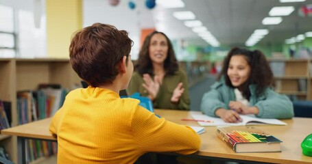 Aufkleber - Hand, back and child with answer in library for studying, help or academic support at school. Student, learning and people with gesture at desk for homework feedback, education or assistance of tutor