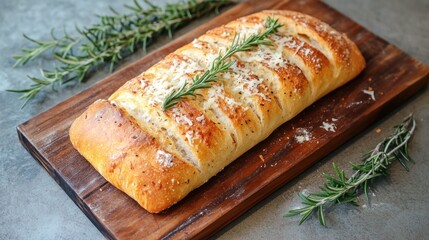 Wall Mural - A freshly baked bread loaf garnished with herbs on a wooden board.