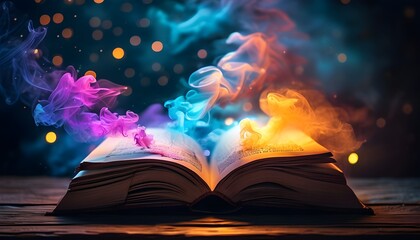 Wall Mural - Enchanted Nighttime Scene with a Magical Open Book Radiating Light and Surrounded by Colorful Smoke