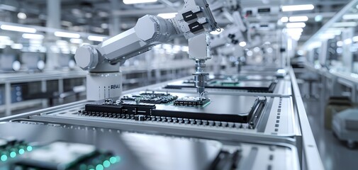 Poster - A high-tech robotic arm working in a modern manufacturing facility, assembling circuit boards with precision and efficiency.