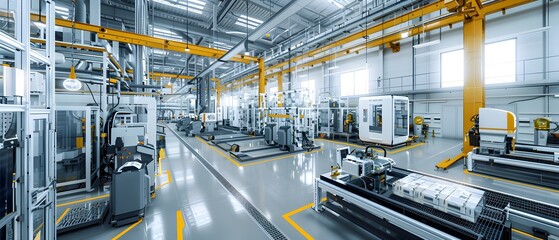 Poster - A modern industrial workshop equipped with advanced machinery and robotic arms, showcasing high technology and efficiency.