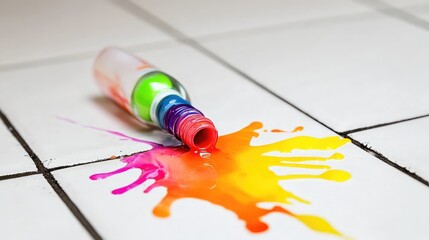 Poster - A spilled bottle of nail polish on a white tile floor, creating a bright splash of color and mess