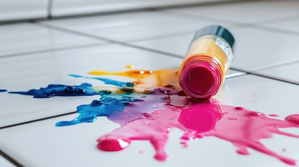 Poster - A spilled bottle of nail polish on a white tile floor, creating a bright splash of color and mess