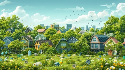 Poster - Visual highlighting climate change mitigation strategies, with communities adopting sustainable practices like recycling, green building, and energy efficiency. High resolution Illustration, in the