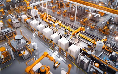 Poster - Aerial view of an automated factory with robotic arms and machinery working in unison to streamline production processes.