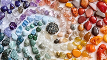 Abstract close-up of polished gemstones arranged in a spiral pattern on a white surface