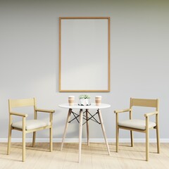 Wall Mural - Mockup frame on table in living room interior on empty white wall background.