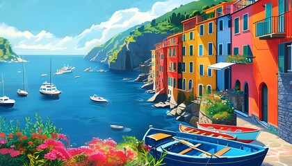 Wall Mural - Vibrant Riomaggiore Coastal Houses Glimpse Blue Mediterranean Sea with Boats Under Bright Sunshine in Cinque Terre, Italy