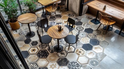 Poster - artistic pattern of hexagonal tiles on a cafe floor, combining vintage charm with modern style