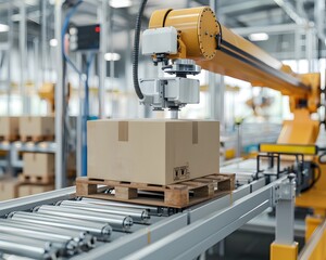 Poster - A robotic arm efficiently moves a box onto a pallet in a modern automated warehouse, showcasing advanced logistics technology.
