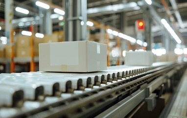 Poster - A conveyor belt system transports a white package in a modern warehouse filled with boxes and industrial equipment.