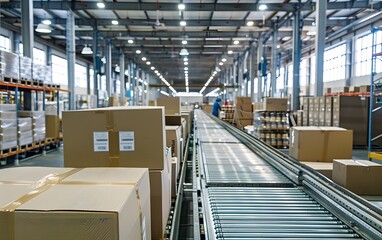 Poster - A spacious warehouse interior featuring conveyor belts, stacked boxes, and ample lighting, showcasing efficient logistics operations.
