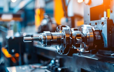 Poster - Close-up of a precision mechanical component in a modern manufacturing facility, highlighting industrial engineering and technology.