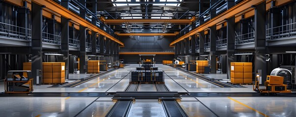 Poster - A modern industrial warehouse filled with machinery and organized storage, showcasing advanced technology and efficient design.