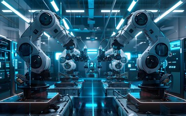 Poster - Futuristic robotic arms in a high-tech factory, showcasing advanced automation and precision in a sleek, illuminated workspace.