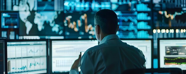 Poster - A financial professional analyzing data on multiple screens in a modern office environment, focusing on market trends and analytics.