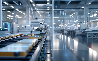Poster - Advanced manufacturing facility featuring automated conveyor system and modern machinery for efficient production processes.