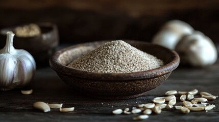 Wall Mural - A bowl of ground spices with garlic and seeds, highlighting culinary ingredients.