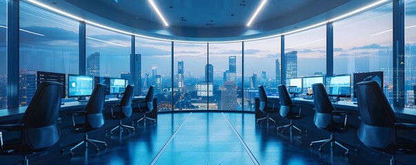 Fototapete - Modern office interior with sleek computers, illuminated by blue light, overlooking a city skyline during twilight.