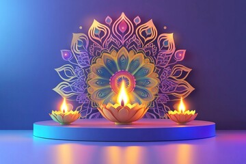 Luxurious 3d scene with colorful Diya lamps for Diwali festival of light. Podium for display your brands. Paper cut style Indian mandala on the background. generative ai