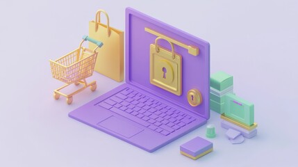 Sticker - A digital shopping scene featuring a laptop, shopping cart, and security elements.