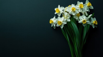 Wall Mural - A bouquet of daffodils arranged elegantly on a dark background.