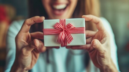 Canvas Print - A person joyfully holding a small gift wrapped with a red ribbon, expressing excitement.