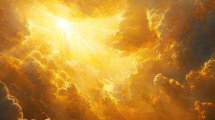 Majestic golden sky with sunbeams piercing through scattered clouds, casting a magical glow on the landscape below