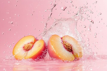 Water splashing on Peach and Peach slice isolater on a pink background .generative ai