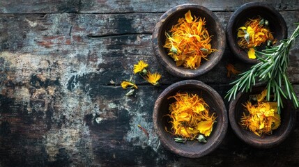 Wall Mural - Three wooden bowls filled with vibrant orange petals and herbs on a rustic wooden surface.