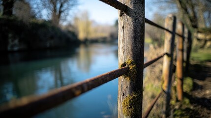 A close-up of a weathered fence post near a tranquil river, surrounded by nature.