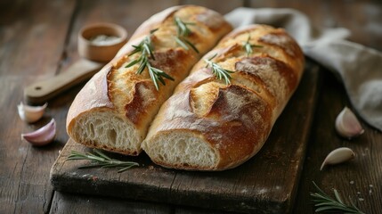 Wall Mural - Freshly baked bread loaves garnished with rosemary and garlic on a rustic wooden board.