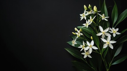 Poster - A serene arrangement of white flowers and green leaves on a dark background.