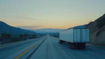 Poster - A truck drives along an empty highway at sunset, showcasing a serene landscape.