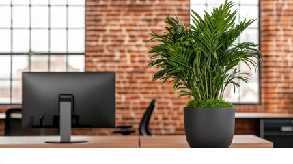 Sticker - Modern Office Interior with Green Plant and Exposed Brick Wall