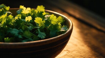 Wall Mural - A bowl of fresh cilantro illuminated by soft light, showcasing vibrant green leaves.