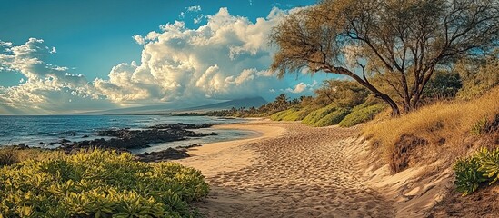 Wall Mural - Peaceful Beachscape with Lush Greenery and Azure Skies