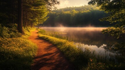 A serene lakeside path surrounded by trees and wildflowers in soft morning light.