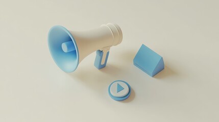 A 3D rendering of a megaphone, play button, and a triangular shape in blue and white.