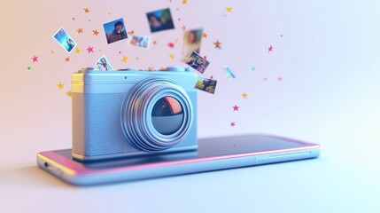 Canvas Print - A whimsical camera floating above a smartphone with colorful photo prints and stars.