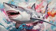 © AURA COLLECTIONS - A vibrant depiction of a great white shark swimming through colorful, abstract waves.