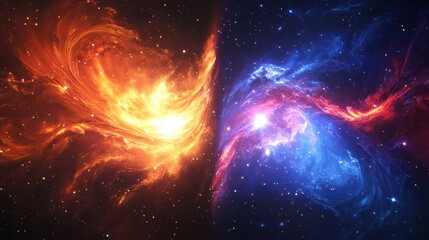 Wall Mural - a vibrant cosmic scene depicting contrasting fiery and cool nebulae in space.