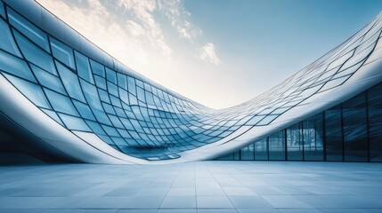 Poster - The smooth lines of a modern architectural building, with glass and steel curving beautifully